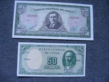 B442 Chile Banknotes x2: 50 Pesos 1960 & 50 Escudos 1962-75 FREE POSTAGE