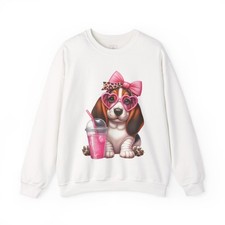 Basset Hound Puppy with Pink Bow and Drink Sweatshirt