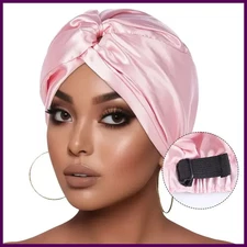 New Silky Pre Tied Knot Pleated Turban Double Satin Lined Head Wrap with Elastic