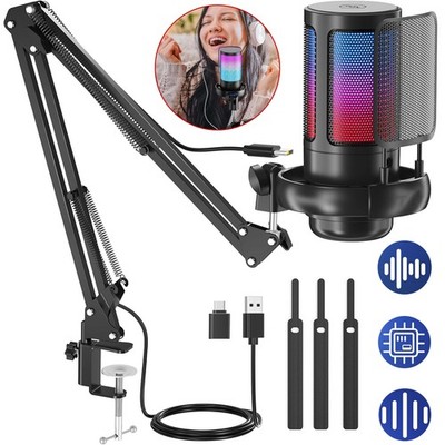 USB Gaming Mikrofon Podcast Kondensator Microphone mit Arm & RGB-Lichter für PC