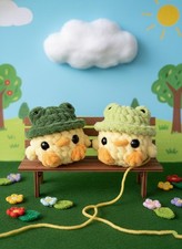 Crochet Chicken Plushie With Frog Hat, Handmade Stuffed Animal Gift