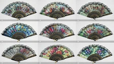 12 PCs Flower Print Foldable Lace Trim Hand Fan Multi-Pattern Decoration Fabric