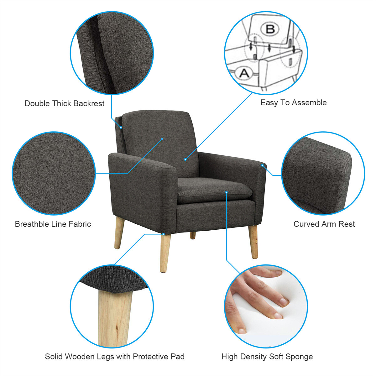 New Accent Single Sofa Upholstered Fabric Chairs Arm Chair Furniture Living Room