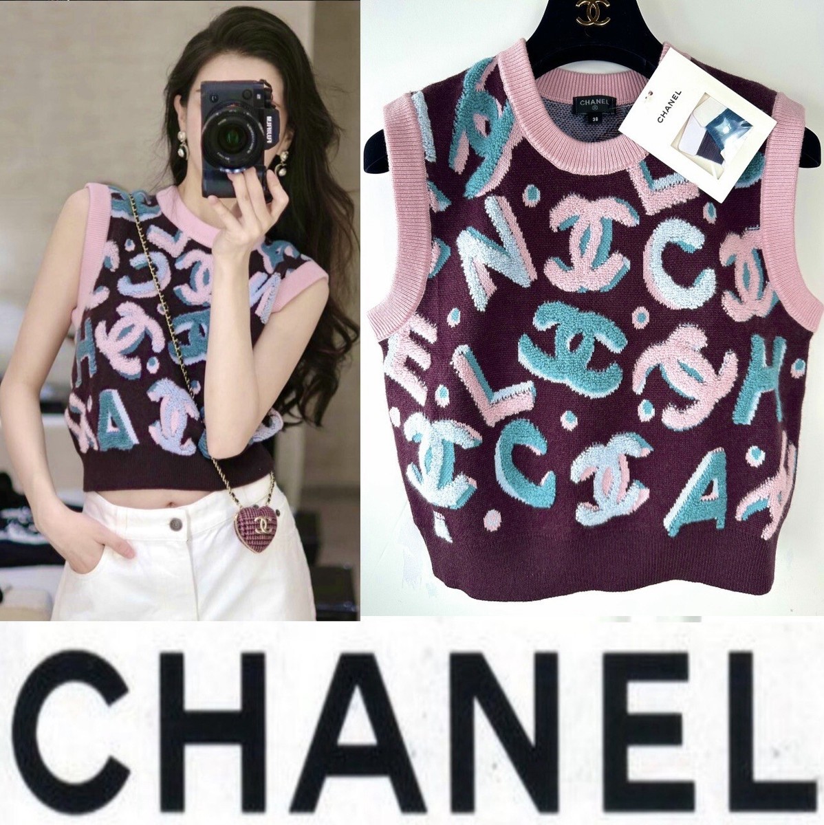 5K Chanel 2023 Pink Blue White Logo Sweater Top Crop Jacket 5K Chanel 2023 Pink Blue White Logo Sweater Top Crop Jacket