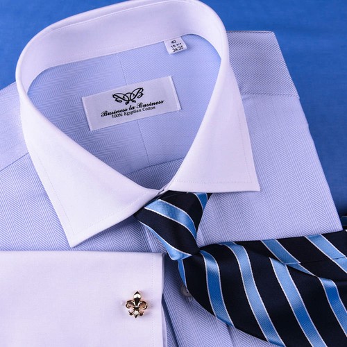 Camicia business blu taglia grande blu spina di pesce Winchester bianco a contrasto colletto e polsino - Foto 11 di 12