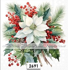(2691) TWO Paper LUNCHEON Decoupage Art Craft Napkins - WHT CHRISTMAS POINSETTIA