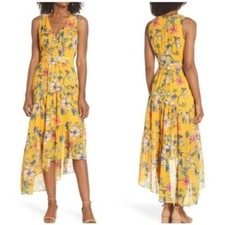 NWT Eliza J Asymmetric Hem Floral Swiss Dot Midi Dress Marigold Yellow Sz 16
