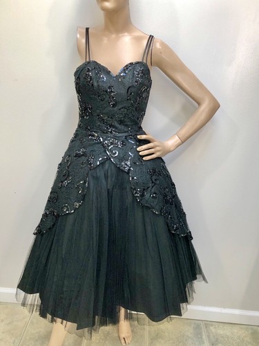 VTG 1950s Harvey Berin SEQUIN-LACE-TULLE SWEETHEART BODICE Cocktail Dress XS - Picture 2 of 16