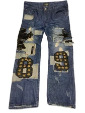 Gold Leaf mens 38 Distressed Patches Studded Denim Blue Jeans