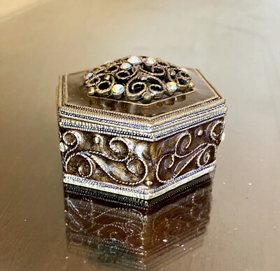 Italian Jewelry Box Tizo Vintage Small Brass And Enamel Hexagon With Crystals