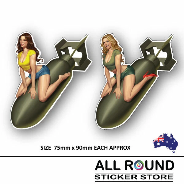 2 X Old School Pinup Girl on Bomb -biker-helmet-motorcycle--sticker-decal-car