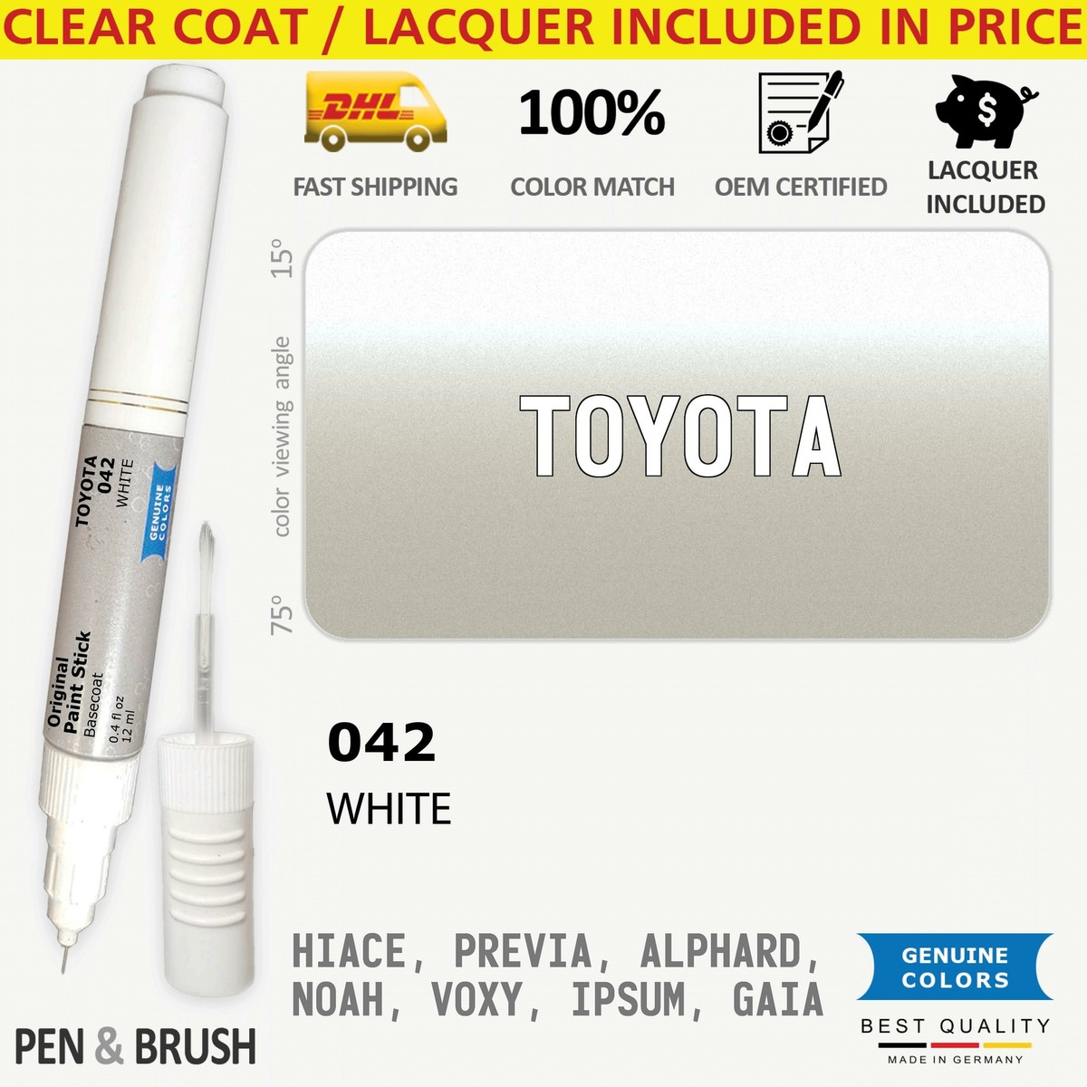 042 Touch Up Paint for Toyota White HIACE PREVIA ALPHARD NOAH VOXY