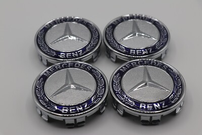 4x Mercedes Radzierdeckel Felge Stern Radkappen Lorbeerkranz Blau Chrom NEU