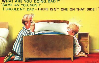 VINTAGE COMIC BAMFORTH DAD & SON KNEELING at BED DOING DIFFERENT THINGS POSTCARD