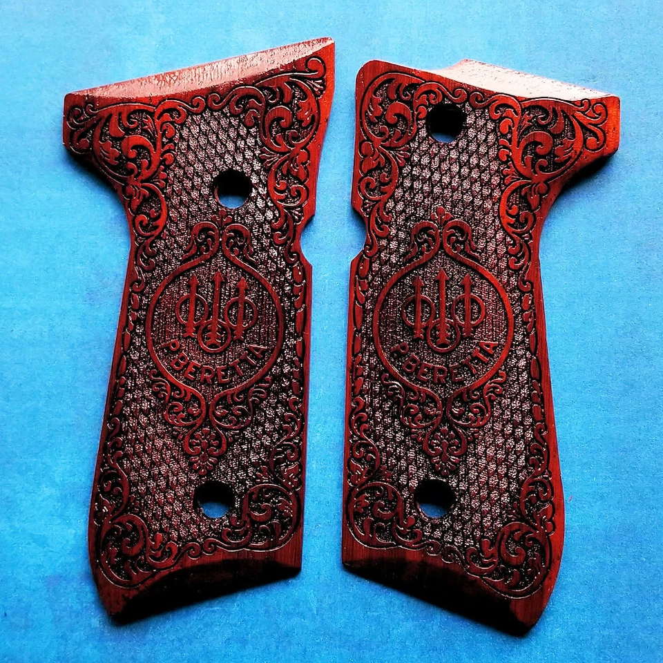 Beretta 92 92FS 96 custom 3d engraved exotic padauk wood grips Trident Checkered - Image 4 of 4