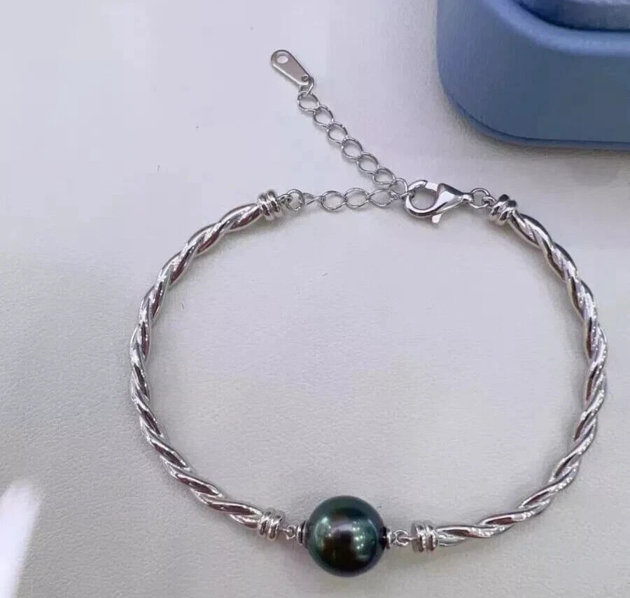 Impresionante 10-11mm Tahitiano Redondo Negro Verde Perla Pulsera 7.5-8" Suntuoso Regalo Foto 4 de 4