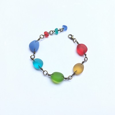 Handmade Rainbow Beach Sea Glass Bracelet, Adjustable Hand Wrapped Wire  Jewelry