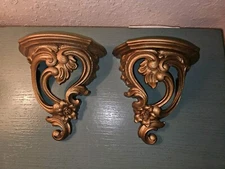 Vintage Pair Of MidCentury 1970 Syroco Ornate Gold Wall Shelf Sconces-Very Good