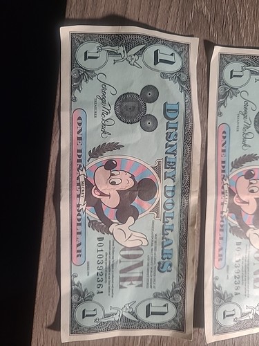 TWO 1990 Vintage Disney Dollar $1 Bill Mickey Mouse D01039236A D01039238A - Picture 4 of 17