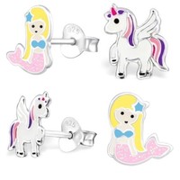 2 Paar Set Kinder Ohrstecker Pferd Einhorn Meerjungfrau 925 Silber MäDchen