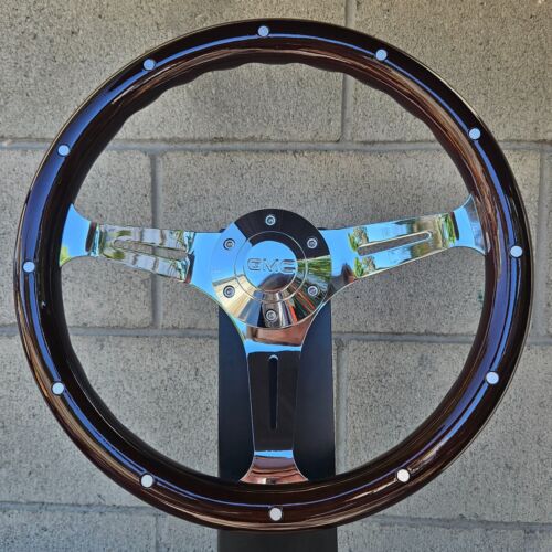 14" Chrome Steering Wheel w/ Dark Wood Grip, Chrome Modern GMC Horn, and Adapter - Foto 3 di 7