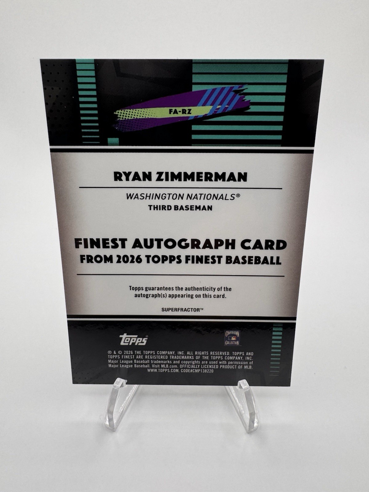 2026 ToppsFinest Ryan Zimmerman Superfractor Auto 1/1 Washington Nationals FA-RZ view 2