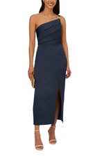 Adrianna Papell one-shoulder satin gown with pleats, ring accent, and slit.