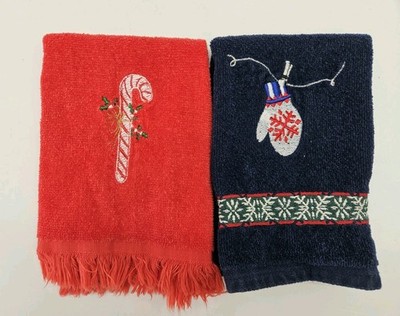 Vintage Embroidered Christmas Fingertip Towels Red Candy Cane Blue Mitten 