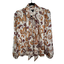 Ann Taylor Pleated Paisley Tie Neck Blouse Cream Orange Burgundy Long Sleeves S