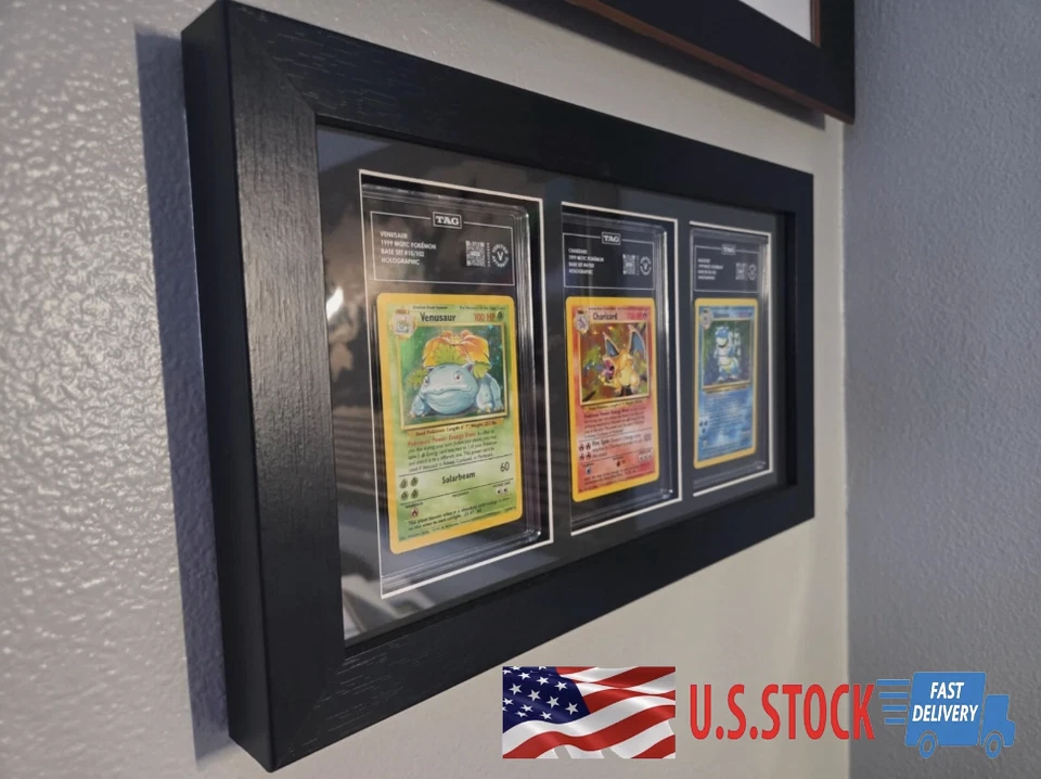 Graded Trading Card Display Case 3 PSA Slabs Sport Football Baseball Wood Frame