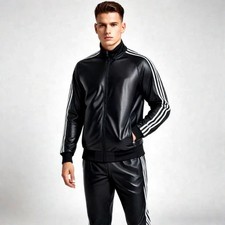Men  s Genuine Lambskin Black Leather Tracksuit  Jogging Style Sweatsuit