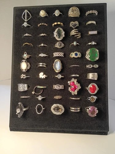 Lot of 50 Mixed Silver Toned Rings Vintage to Modern Costume Jewelry