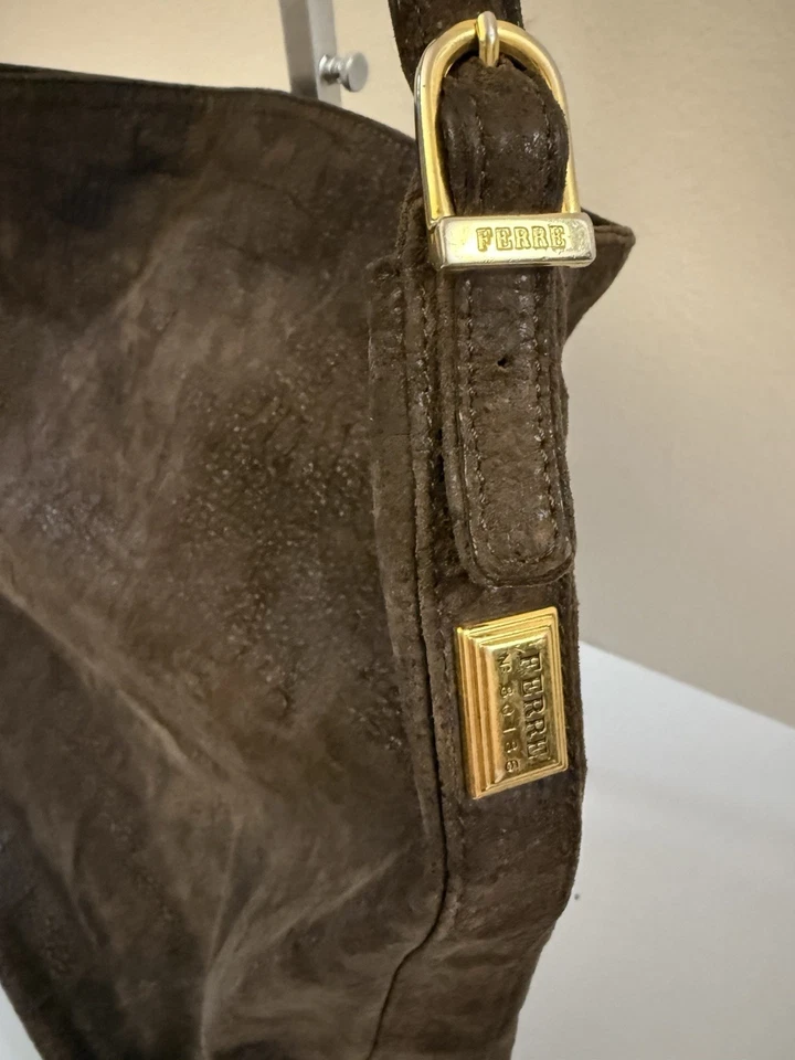 Bolso de Hombro Vintage Gianfranco Ferre Marrón Gamuza Cartera Foto 3 de 4