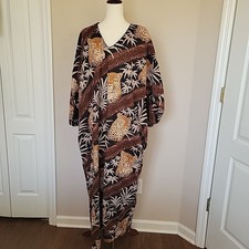 Vintage Kaftan Sz L Leopard Cheetah Animal Print Safari Maxi MuMu House Dress 