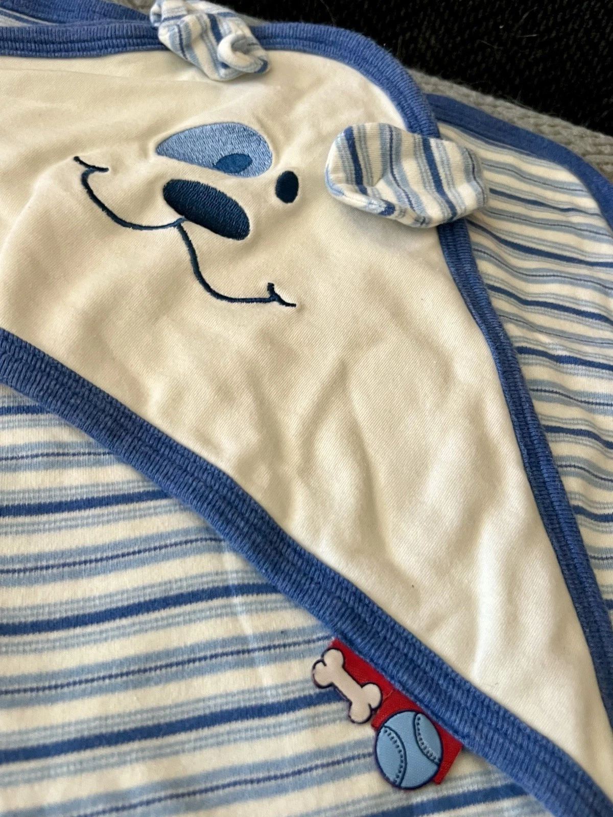 Vtg Hooded Cotton Baby Blanket Towel Puppy Dog Blue Stripes Bone Ball White Red