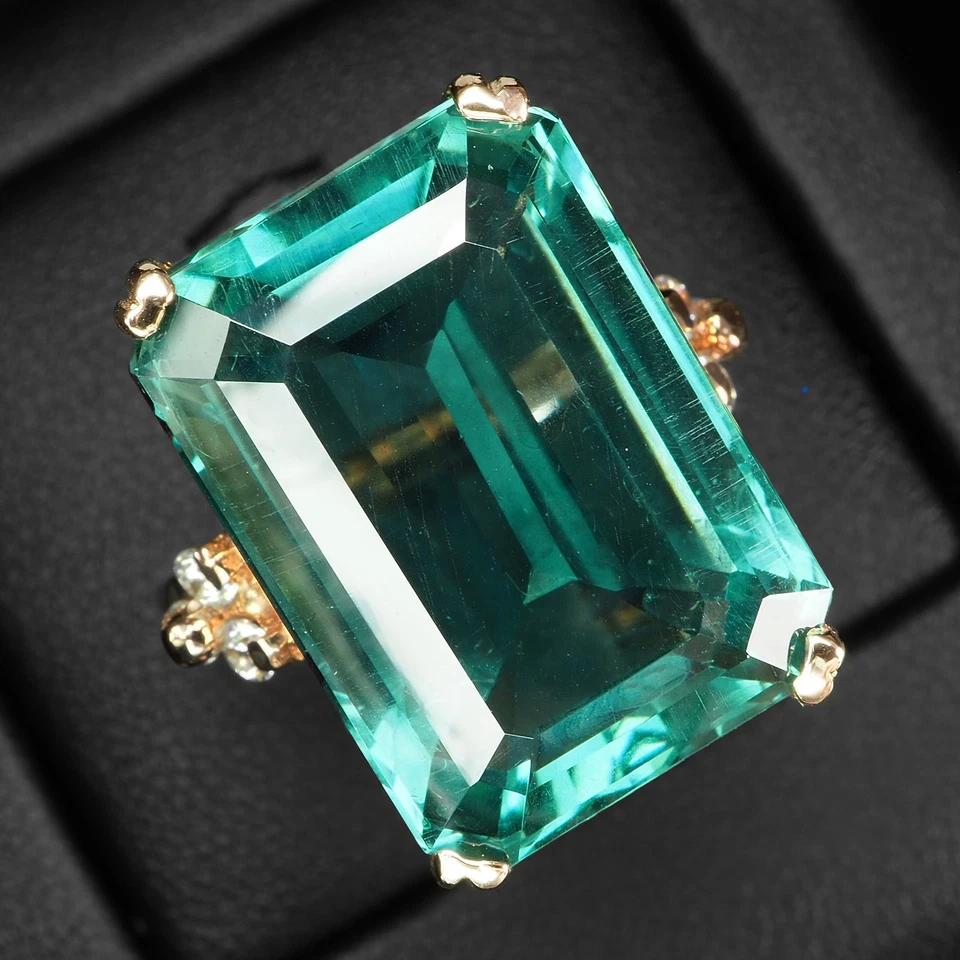 Anillos brillantes enchapados en oro rosa de plata de ley 925 de turmalina azul verdoso de 23,40 quilates Foto 2 de 4