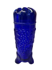 VTG Mosser 7” Glass Cobalt Blue 3 Footed Hat Pin Holder Or Vase Grape Pattern