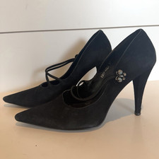 Y2K Vintage Women  s Black Suede Pointed Toe Stiletto Bead Strap Pumps US 7 EU 37