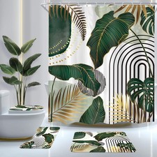 Green Boho Modern Abstract 4Pcs Bathroom Shower Curtain Set with Rugs