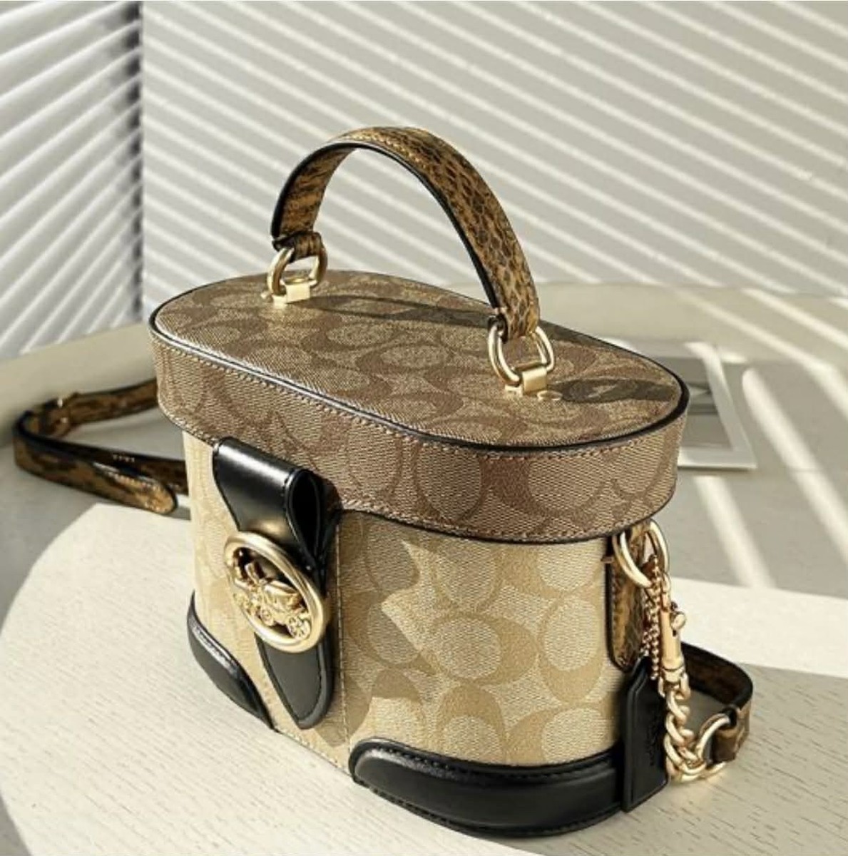 Coach Signature Beige Brown Black Oval Top Handle Bag with Gold