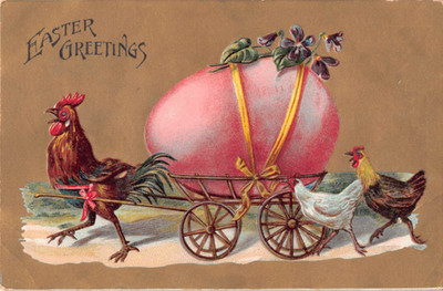 1911 Anthropomorphic Easter PC-Hens Following Rooster Pulling Cart with Huge Egg