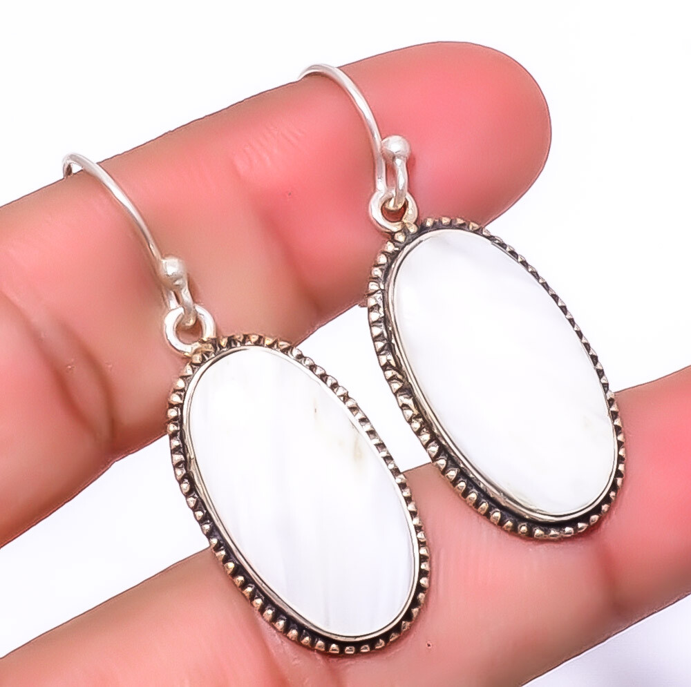 White Scolecite India Gemstone Sterling Silver A380 Earring 1.76 Inch