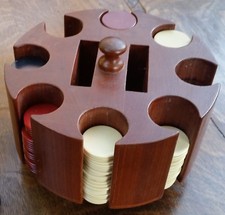 vintage walnut poker caddie with wood handle & 171 chips
