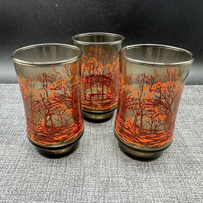 Vtg Libbey Juice Glasses St Clair Winter Fall Woods Amber Brown 1970s Set of 3
