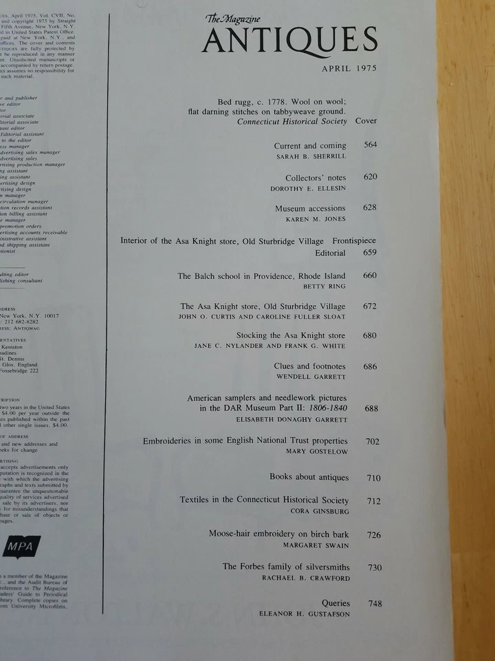 The Magazine ANTIQUES APR 1975 Sturbridge Asa Knight DAR Sampler Conn textile - Image 2 of 4