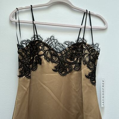 jay godfrey lace dress Jay Godfrey Womens Gold Slip Sheath Lace Midi Satin Spaghetti Strap Dress  NWT