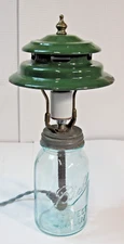 Repurposed Upcycled Art Vintage Ball Glass Jar With Colman Shade  Lamp Light