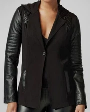 $179 Blanc Noir Women's Black Hooded Single Button Moto Blazer Jacket Size XS