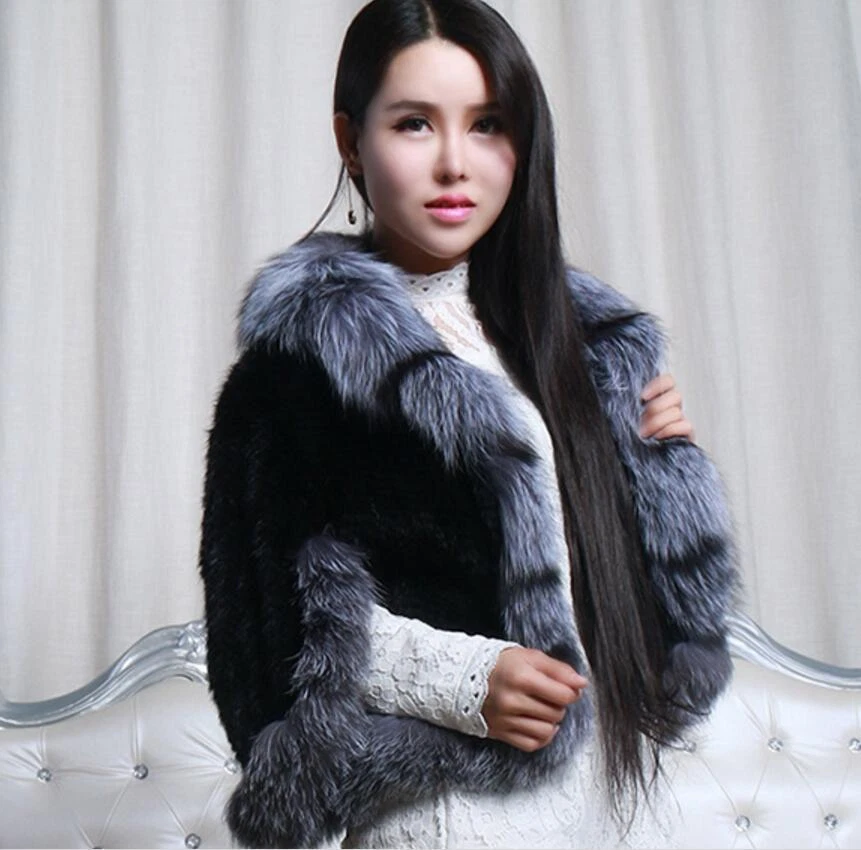 Casaco cachecol xale estola gola raposa prata pele de vison malha preta 100% real - Imagem 3 de 4