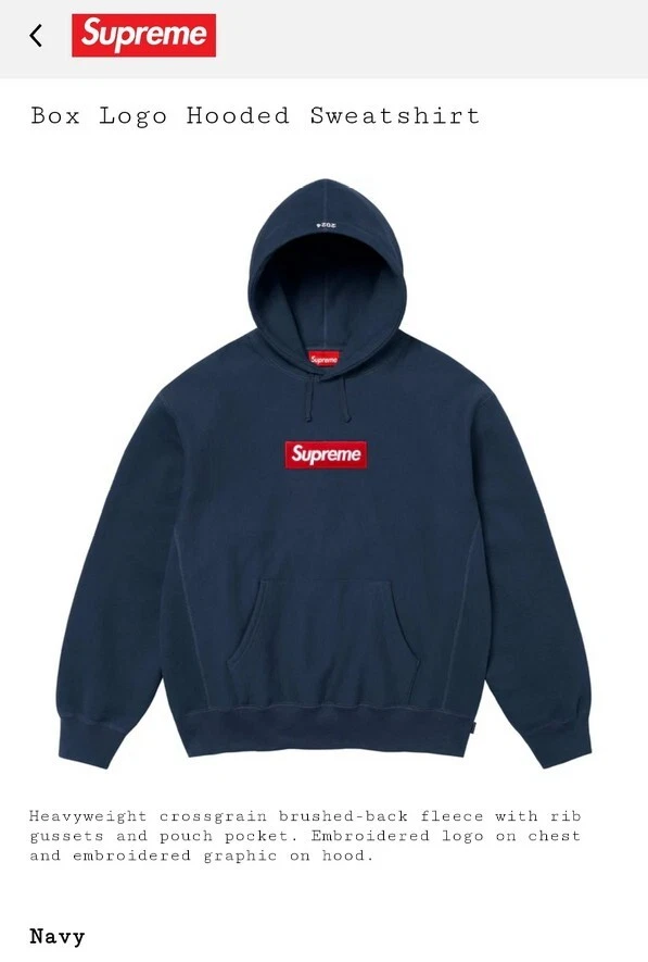 Felpa con cappuccio Supreme Box logo FW24 Navy piccola con 16 adesivi e borsa negozio